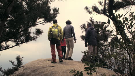 Hikers-at-top-of-climb-overlooking-pass-in-Yakushima,-Japan