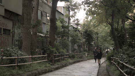 Alumna-Japonesa-Caminando-Por-Un-Camino-Adoquinado-En-Tokio,-Japón