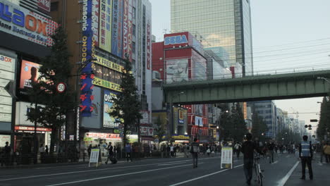 View-of-Akihabara-Street-with-local-train-going-past-overhead-in-Japan,-Tokyo
