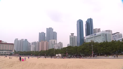 Hotels-and-highrise-buildings-next-to-Haeundae-Beach,-Busan---South-Korea