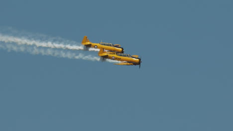Close-up-of-two-North-American-Harvard-Mark-IV-airplanes-diving-at-airshow-in-slow-motion