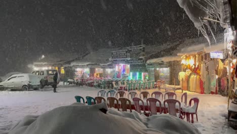 Snowfall-At-The-Bazaar-At-Night-During-Winter-In-Gulmarg,-Kashmir,-India