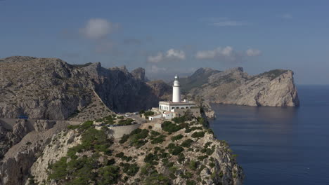 Cinematic-aerial-footage-of-Cap-de-Formentor-lighthouse-on-a-sharp-cliff-in-Serra-de-Tramuntana-mountains