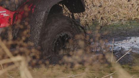Closeup-of-stuck-ATV-tire-spinning-in-mud
