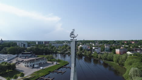 Iconic-viking-ship-on-top-of-the-bridge-in-Tartu,-Estonia