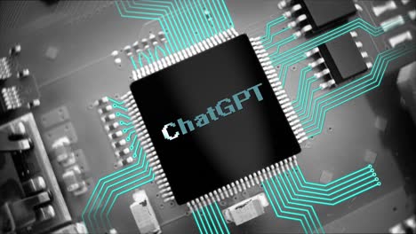 Chat-GPT-Generative-Pre-Trained-Transformer-artificial-intelligence-bot,-microchip-on-motherboard-with-electric-connect-simulating-human-brain,-motion-graphics-of-ai-robotic