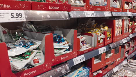 Christmas-Favorina-products-on-shelves-in-Lidl-supermarket-festive-holiday-specialties-candy-chocolate-and-baked-goods-close-view-in-November-2020-in-Romania-Eastern-Europe-country