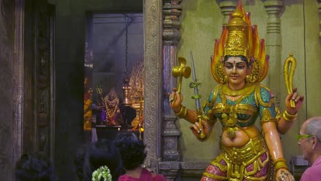 Hindu-Godess-Durga-statue-in-Sri-Veeramakaliamman-temple-in-Little-India,-Singapore---Medium-static-shot
