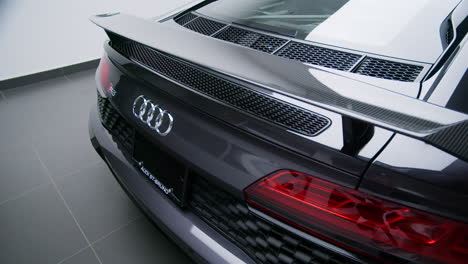 Rear-Exterior-Detail-Of-Audi-R8-V10-Performance-With-Carbon-Fiber-Spoiler-Wing,-Rear-Window-Defroster,-And-Chrome-Emblem