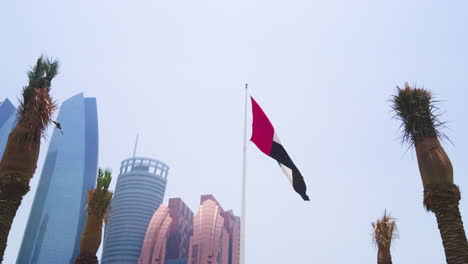 La-Gran-Bandera-De-Los-Emiratos-Árabes-Unidos-Ondeando-Lentamente-En-El-Viento-Y-El-Halcón-Volando-Frente-A-Ella,-Enmarcado-Por-Palmeras-Con-El-Hotel-Bab-Al-Qasr-Y-Las-Torres-Etihad-En-Segundo-Plano-En-La-Calle-Corniche-De-Abu-Dhabi,-Vista-Cercana-Del-Día.