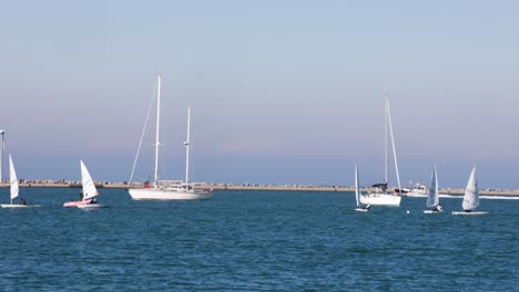 La-Tripulación-Del-Club-De-Velero-Ligero-Practica-La-Vela-En-El-Mar-Azul-En-Un-Día-Soleado-Y-Ventoso