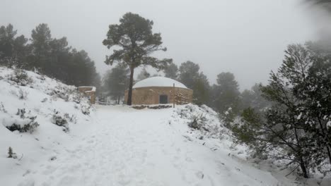 Snow-covered-Pou-Del-Barber---Ibi,-Mariola's-Mountain,-Alicante,-Spain