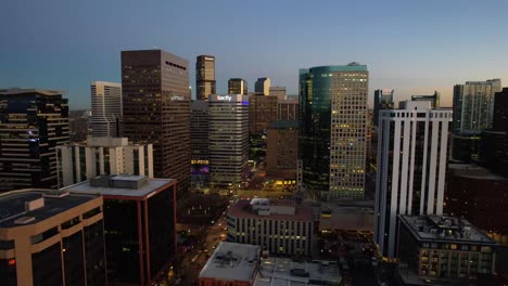 Aerial-over-the-Denver-city-center-and-skyline-at-dusk,-Colorado,-USA