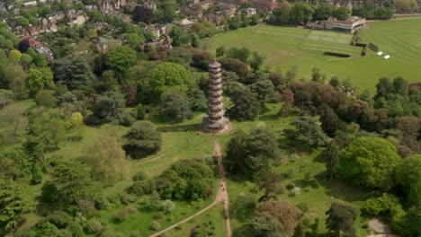 Pan-down-aerial-shot-over-Kew-Gardens-Chinese-Pagoda