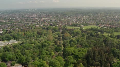 Aerial-shot-down-Kew-Gardens-Vista-towards-Chinese-Pagoda