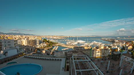 Timelapse-of-a-spanish-city-La-Palma-in-Mallorca-from-day-to-evening-with-a-view-of-it's-port