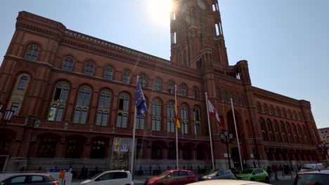 View-Looking-Up-At-Rotes-Rathaus-In-Berlin-With-Sun-Behind-Clock-Tower
