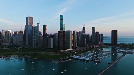 Drone-shot-circling-the-lakefront-high-rise-of-Chicago,-sunny-morning-in-USA