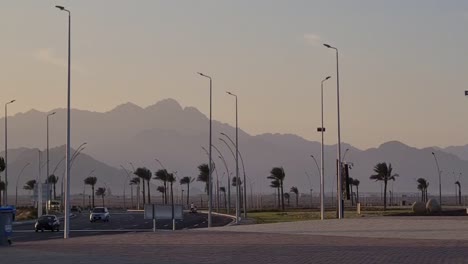 pan-shot-of-peace-square-in-Sharm-El-Seikh-of-Egypt-meant-for-tourists,-on-background-are-beautiful-Sinai-mountains