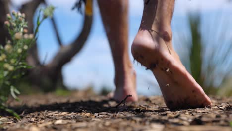 Feet-Up-Close-Walking-into-the-Distance-on-Bark-in-a-Forest-with-Dirt