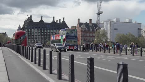 Street-Level-Shot-from-Westminster-Bridge-of-Double-Decker-Bus-Driving-By