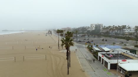 Aerial-view-circling-around-palm-trees-at-the-Venice-Beach-in-foggy-Los-Angeles,-USA