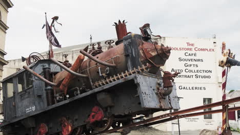 Steampunk-themed-train-engine-at-Oamaru,-New-Zealand's-Steampunk-HQ