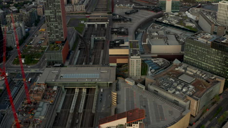 Stationary-aerial-shot-of-Eurostar-train-passing-through-Stratford-international-station