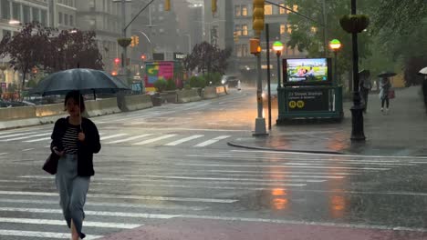 Pedestrians-walking-and-cars-driving-through-busy-New-York-City-streets-during-rainy-day
