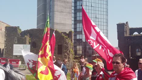 Close-up-and-slow-motion-of-activists-marching-for-Welsh-Independence-in-Swansea