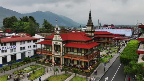 Drone-shot-in-front-of-the-Iron-Palace,-mostly-cloudy-day-in-Orizaba,-Veracruz,-Mexico
