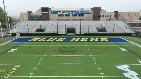 Aerial-flyover-Raymond-Field-at-University-of-Delaware-in-Newark,-DE