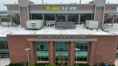 Rising-aerial-shot-of-University-of-Delaware-Blue-Hens-athletic-facilities
