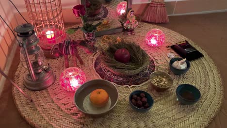 Wicker-decoration-decorative-table-candle-lantern-apple-Haftsin-ritual-for-Persian-calendar-ceremony-celebrate-the-New-Year-for-party-family-friend-road-trip-to-forest-desert-mountain-climate-outdoor