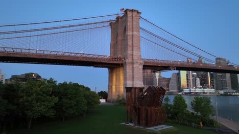 An-aerial-view-of-the-new-"LAND"-sculpture-by-the-Brooklyn-Bridge-in-NY-in-the-day