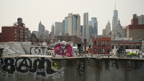 Stark-Mit-Graffiti-Versehene-Dächer-In-Der-Innenstadt-Von-New-York-Mit-Dem-Finanzviertel-Im-Hintergrund