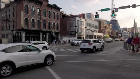 Broadway-Street-in-downtown-Nashville,-Tennessee-with-gimbal-video-stable