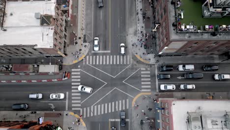 Overhead-view-of-Fourth-Avenue-and-Broadway-Street-in-Nashville,-Tennessee-with-drone-video-looking-down-and-tilting-up