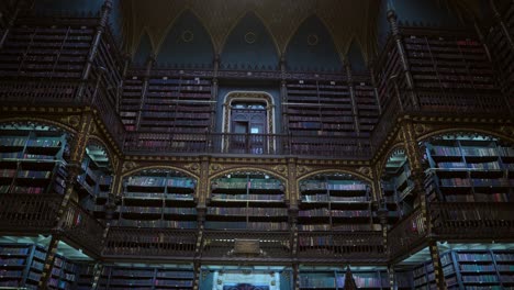 General-tilt-up-of-a-group-of-people-visiting-the-interior-of-the-Real-Gabinete-Português-de-Leitura-in-Rio-de-Janeiro,-Brazil