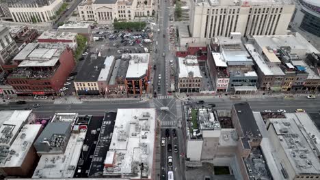 Broadway-Street-in-Nashville,-Tennessee-with-drone-video-angled-view