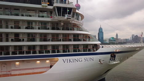 Viking-Sun-Cruise-Ship-Arriving-to-Port-in-Shanghai,-China