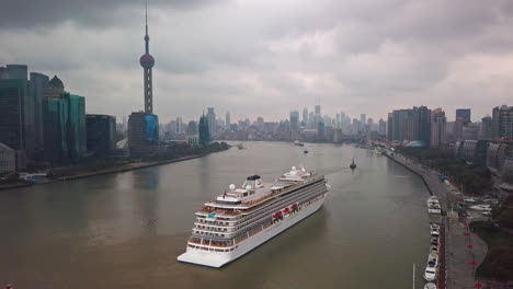Viking-Sun-Cruise-Ship-Arriving-to-Port-in-Shanghai,-China