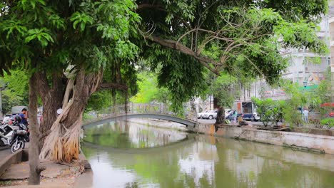 Bangkok-Kanal-Mit-Fußgängerbrücke-Und-überhängenden-üppigen-Grünen-Bäumen-In-Thailand