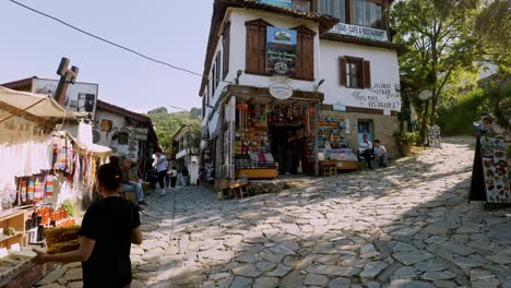Cobbled-street-scene-in-Turkish-village-with-local-handmade-crafts-souvenirs