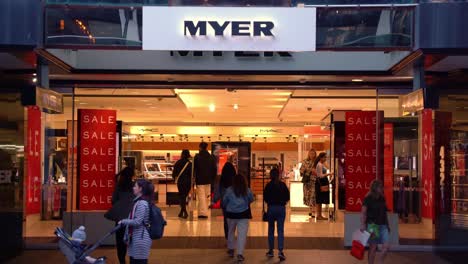 Static-close-up-shot-capturing-the-foot-traffic-at-the-store-front-of-the-retail-giant-Myer-department-store,-concept-of-inflation,-rise-in-cost-of-livings-in-Australia