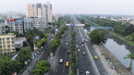 Aerial-view-of-busy-traffic-in-lake-town-area-in-Kolkata