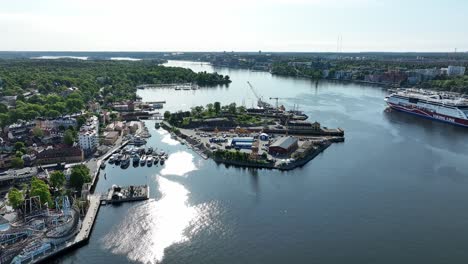 Industrial-area-and-School-at-Beckholmen-island-outside-Djurgarden-island-in-Stockholm-Sweden---Aerial