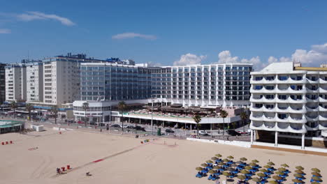 Establishing-aerial-reverse-view-Hotel-Cádiz-Bahía-beachfront-accommodation,-Spain
