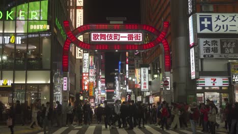 Überfüllte-Straße-Mit-Leuchtreklamen-In-Shinjuku,-Tokio,-Japans-Wichtigstem-Rotlichtviertel