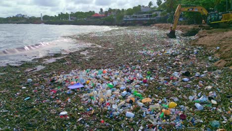 Heavy-machinery-scooping-plastic-garbage-and-lilles-from-the-dirty-ocean-in-Dominican-republic